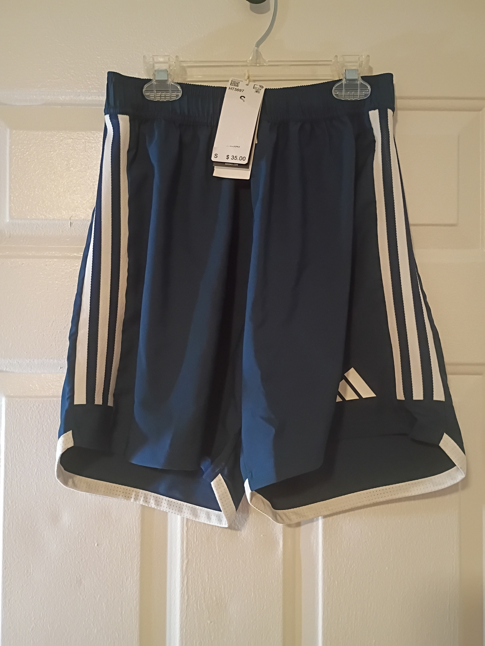 Adidas Navy Blue Athletic Shorts with White Stripes